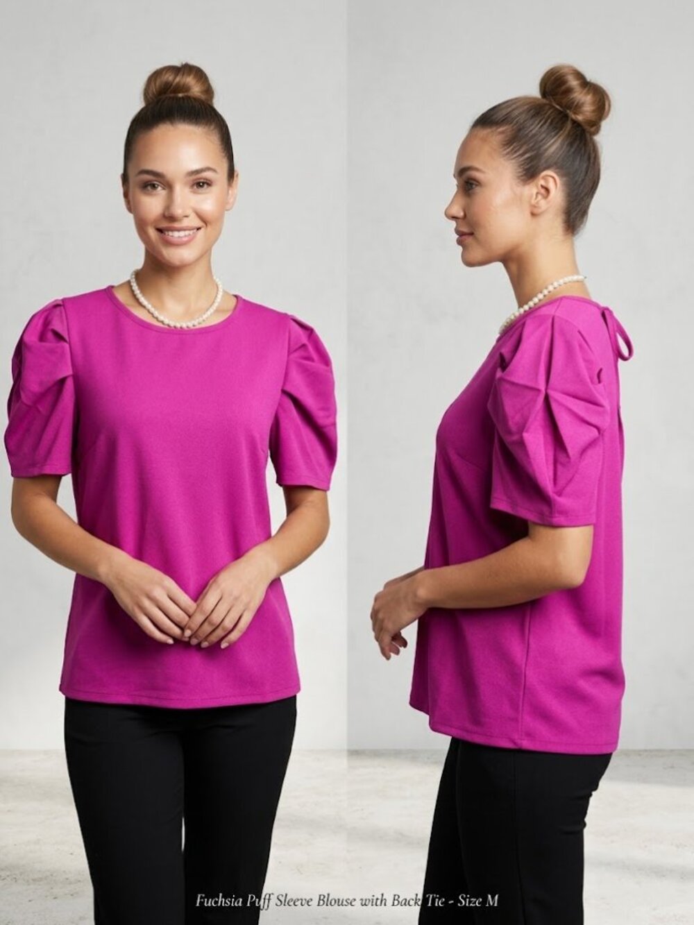 Vibrant Fuchsia Puff Sleeve Top Back Keyhole Tie Blouse Size Medium NEW